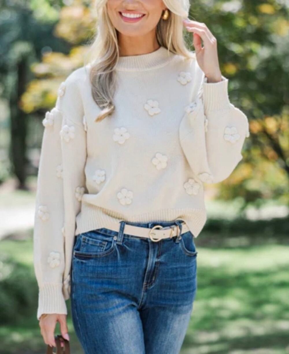 Cupshe | White 3D Floral Applique Crewneck Sweater Small